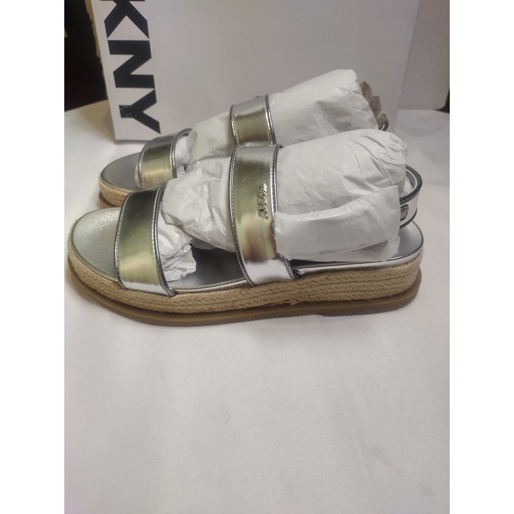DKNY Bernae Silver Metallic Espadrille Platform Slingback Sandals Womens 8.5 NEW
